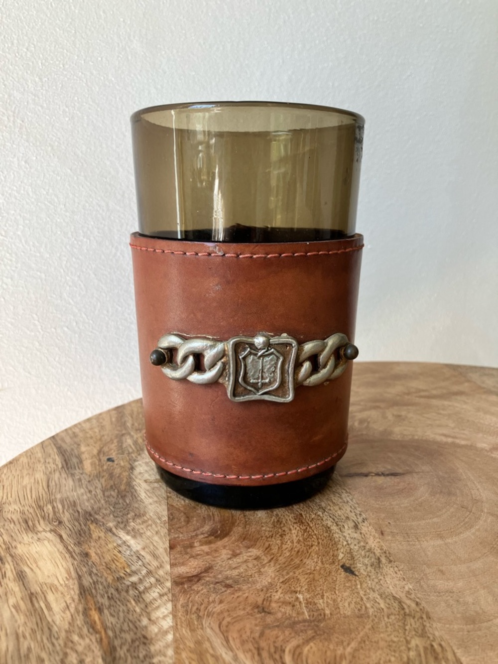 Vintage Leather Wrapped Bourbon Whisky Glass With Metal Crest Barware 20oz